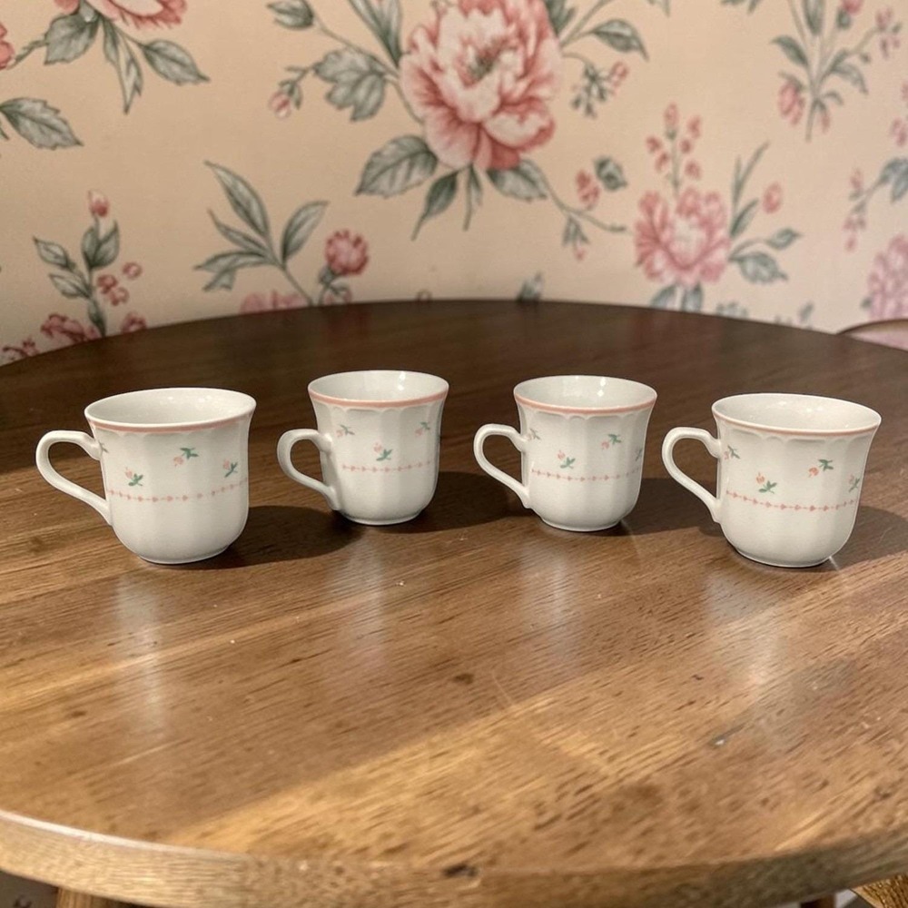 Sango Mystique Peach Coffee Cups #287, Set of 4, Vtg Stoneware Mugs, Drinkware‎